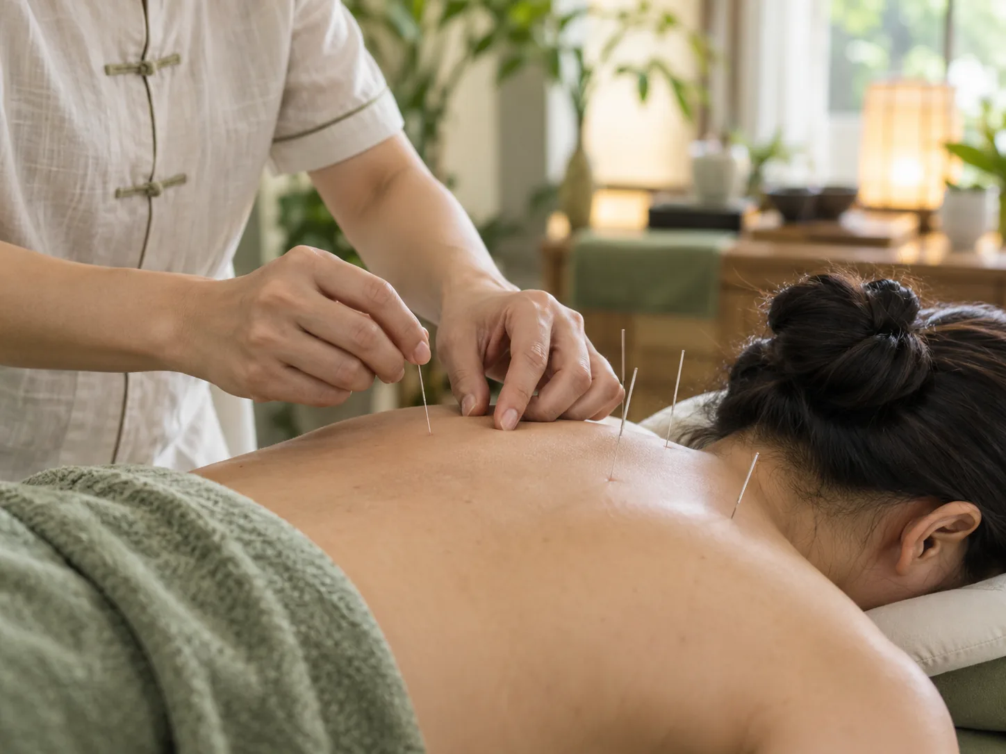 Acupuncture on the shoulders and back by a practitioner in a clean treatment room