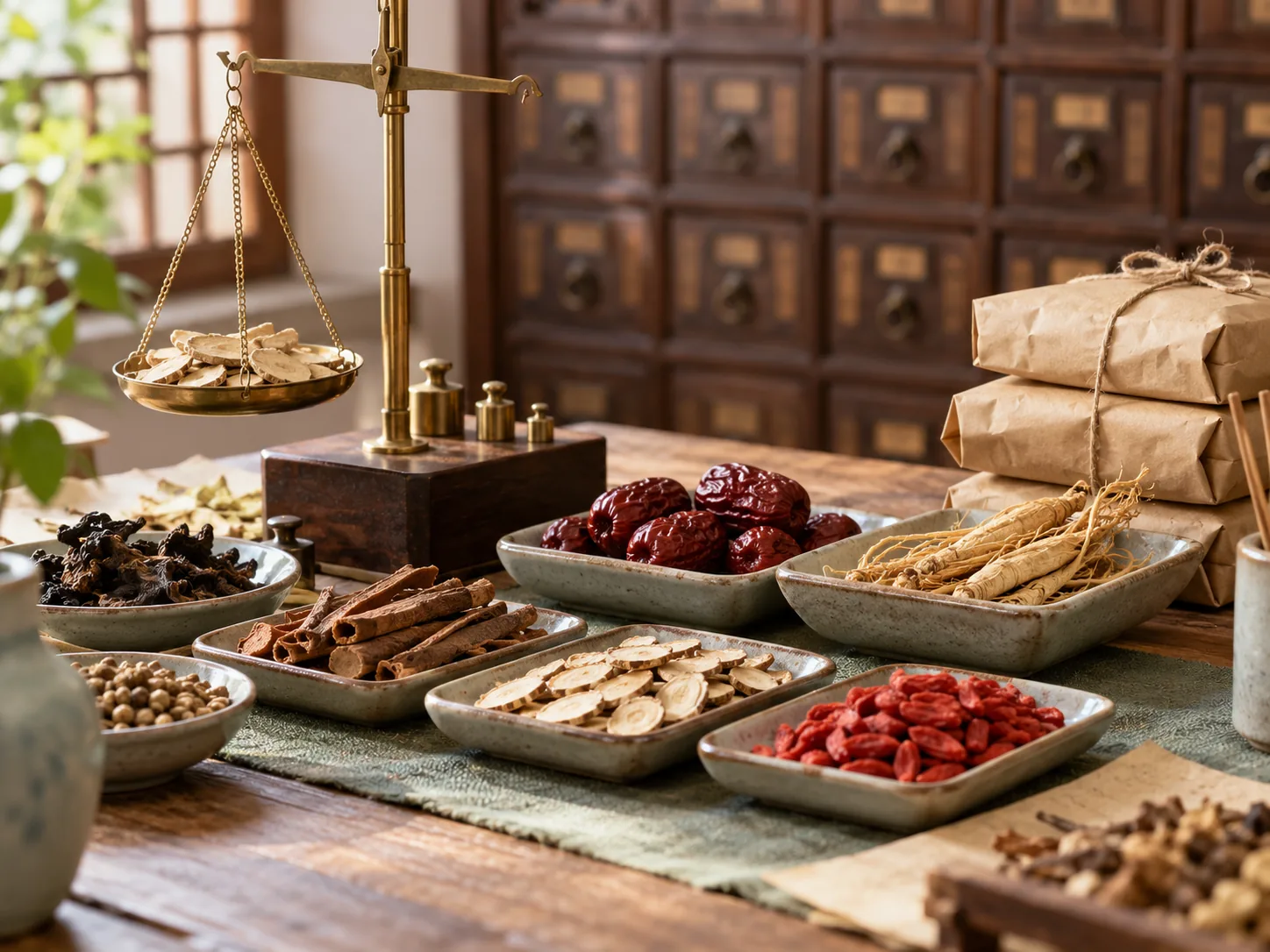 Dried Chinese herbs, a scale and herb sachets for a formula prepared after assessment