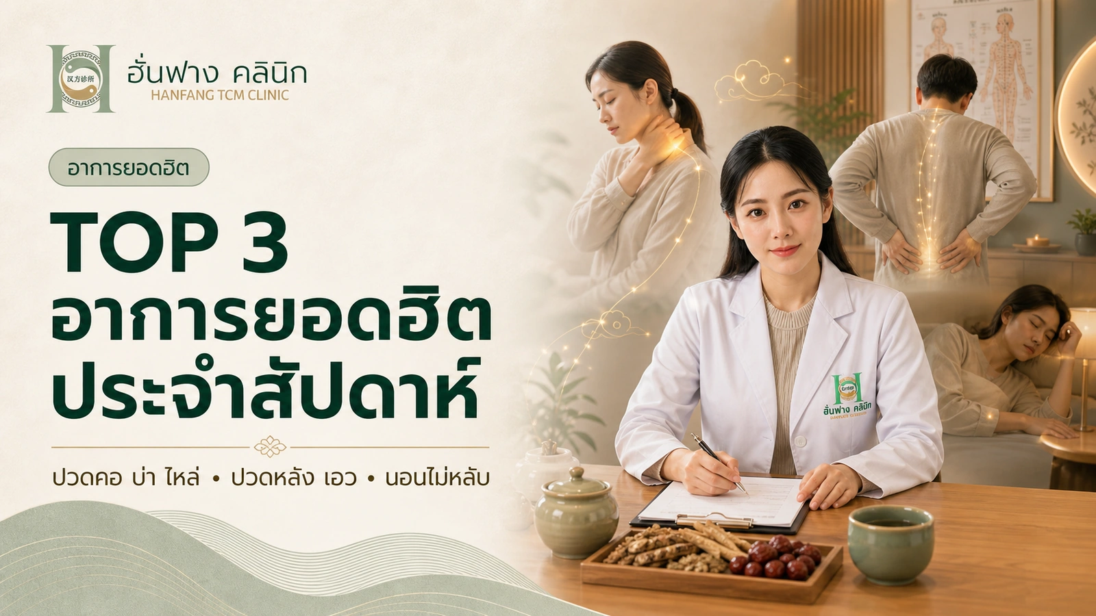 TOP 3 อาการที่คนมาปรึกษาแพทย์จีนบ่อย: ปวดคอ ปวดหลัง นอนไม่หลับ